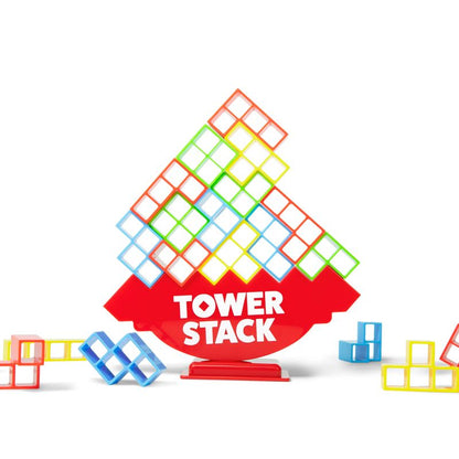 Tower Stack balance game tower made of multicolor blocks on red stand