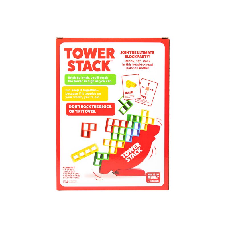 Tower Stack game box back with printed instructions and block illustration