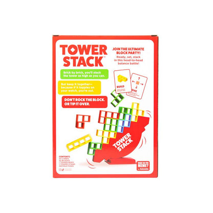 Tower Stack game box back with printed instructions and block illustration