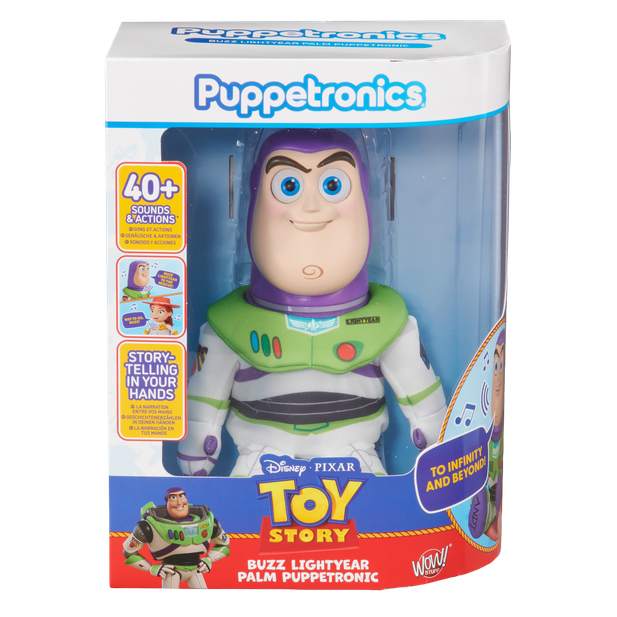 Buzz Lightyear palm puppet in clear box, green and purple character outfit