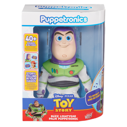 Buzz Lightyear palm puppet in clear box, green and purple character outfit