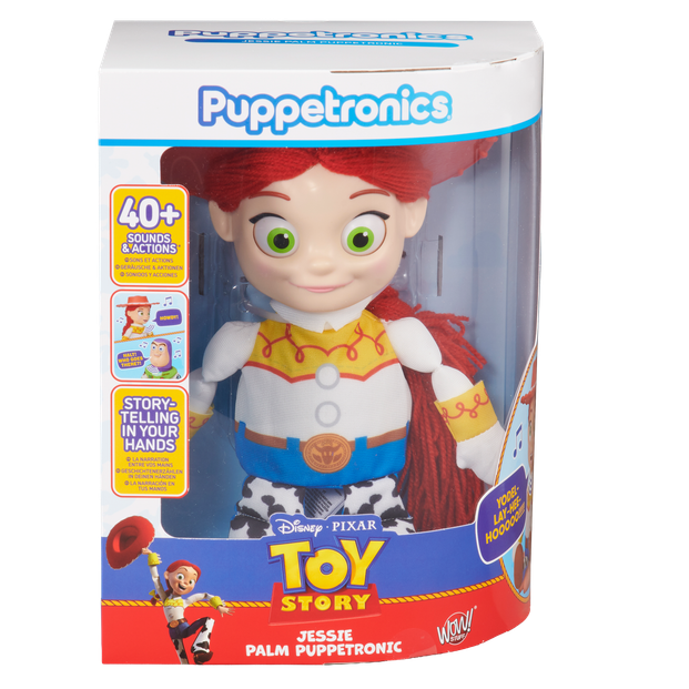 Jessie palm puppet in clear box, red hat and yellow shirt character outfit