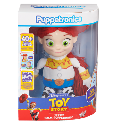 Jessie palm puppet in clear box, red hat and yellow shirt character outfit