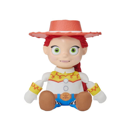 Jessie palm puppet with red cowboy hat, green eyes, yellow shirt and blue jeans