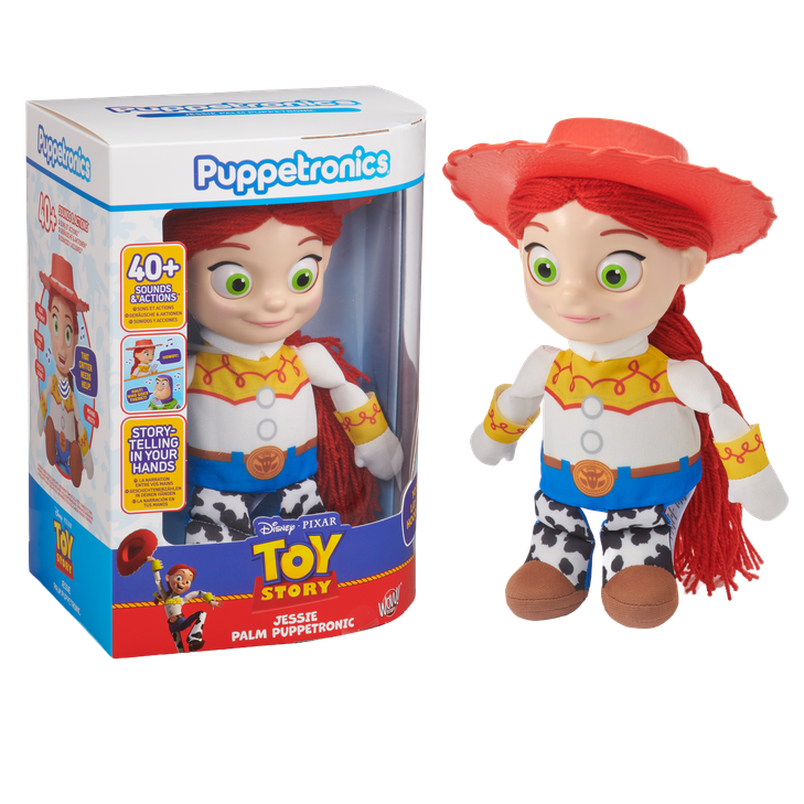 Jessie palm puppet and retail box, red hat with yellow shirt and blue jeans