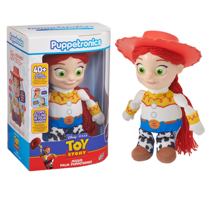 Jessie palm puppet and retail box, red hat with yellow shirt and blue jeans