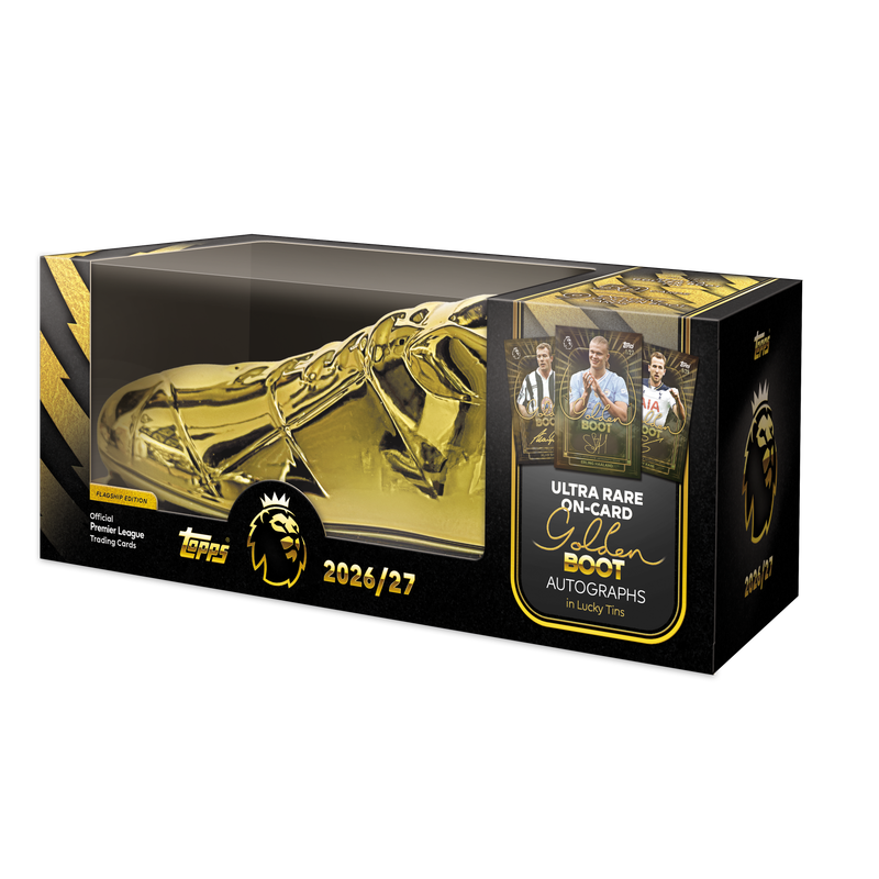 Chase Premier League greatness with the Topps Flagship Premier League 2027 Golden Boot Tin, featuring collectible football cards.