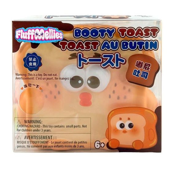 Fluffmellies toast-themed plush toy in retail box with smiling face graphics