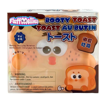 Fluffmellies toast-themed plush toy in retail box with smiling face graphics