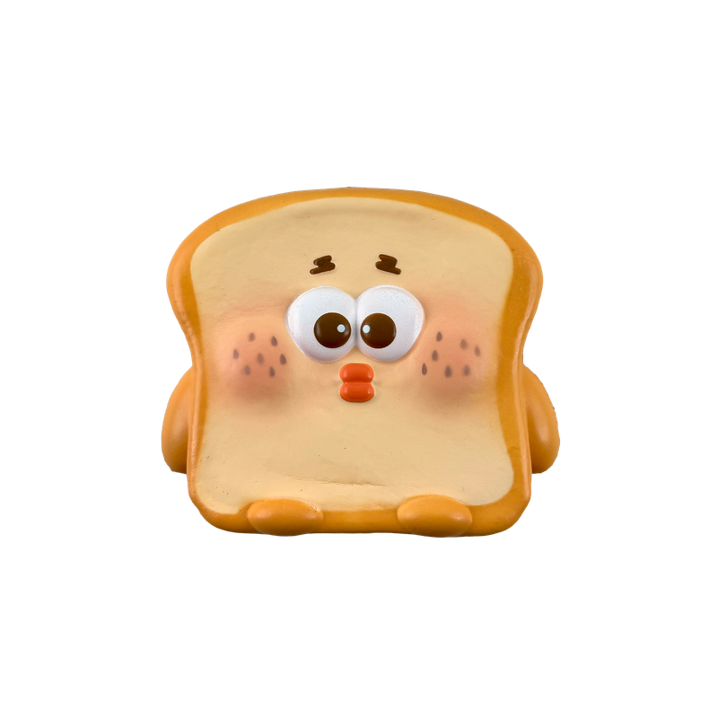 Beige toast slice plush with large white eyes and orange-red nose