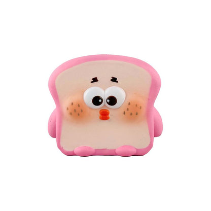 Pink toast slice plush with large white eyes, orange nose, side ears