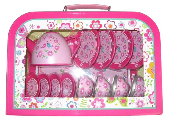 Pink Tin Tea Set with Flower and Birds Decoration