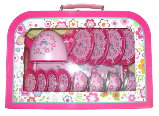 Pink Tin Tea Set with Flower and Birds Decoration