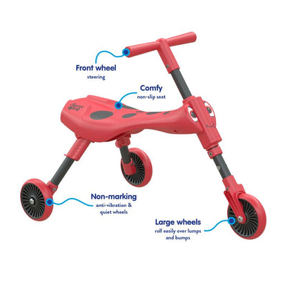 The Mookie Scuttlebug Beetle Red/Black Tricycle features a fun beetle-inspired design, helping toddlers build balance, coordination, and confidence through active play.