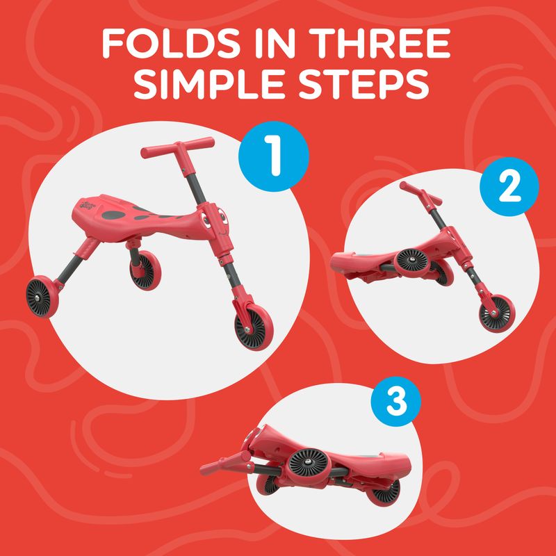 With its eye-catching red and black beetle design, the Mookie Scuttlebug Beetle Tricycle combines imaginative play with early riding development.