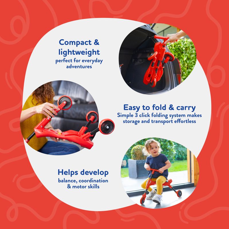 The Mookie Scuttlebug Beetle Red/Black Tricycle is a compact, foldable ride-on that supports balance, mobility, and confidence for growing toddlers.