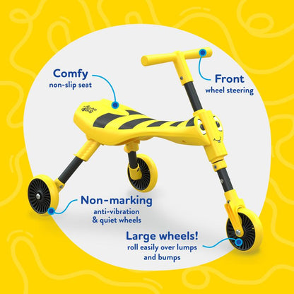 The Mookie Scuttlebug Bumble Yellow/Black Tricycle features a fun bumblebee-inspired design, helping young children develop balance, coordination, and confidence through active play.