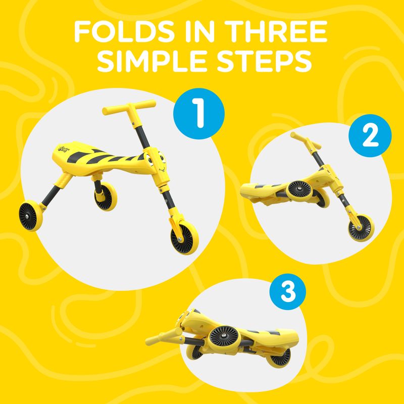 Designed for little riders, the Mookie Scuttlebug Bumble Tricycle combines bright colours, easy steering, and foldable convenience for indoor and outdoor adventures.