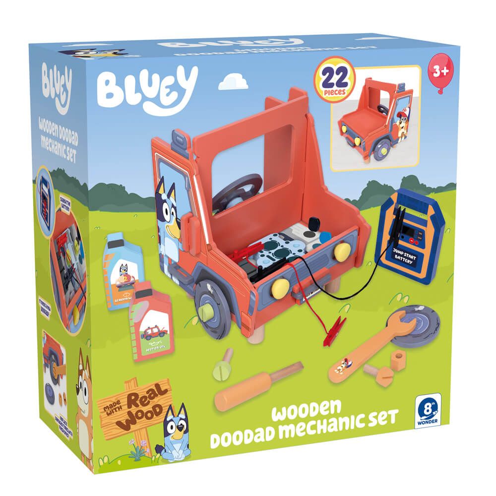 Bluey wooden tabletop mechanic set box showing orange truck playset and accessories