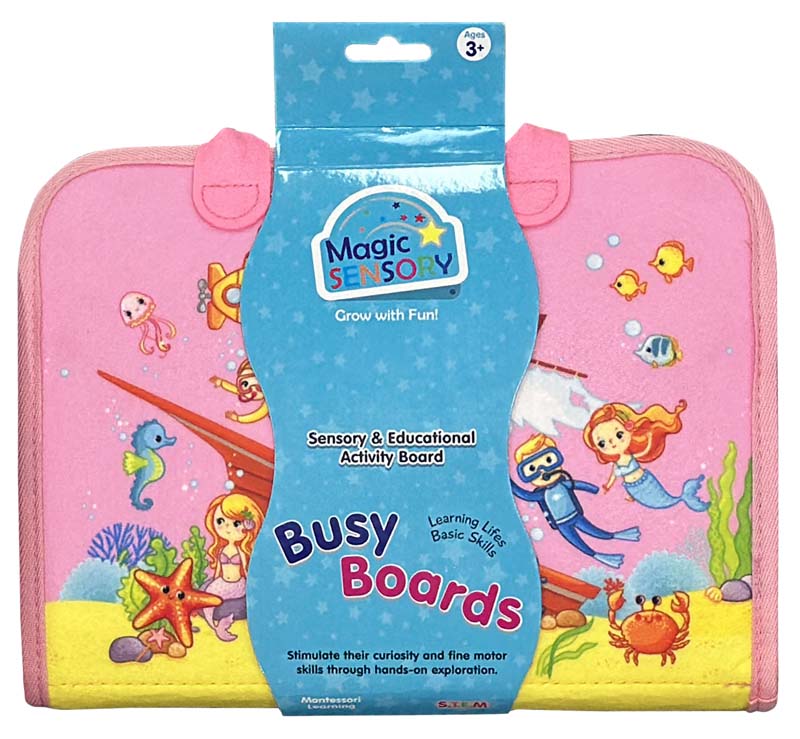 Pink sensory busy board with colorful sea animal felt illustrations