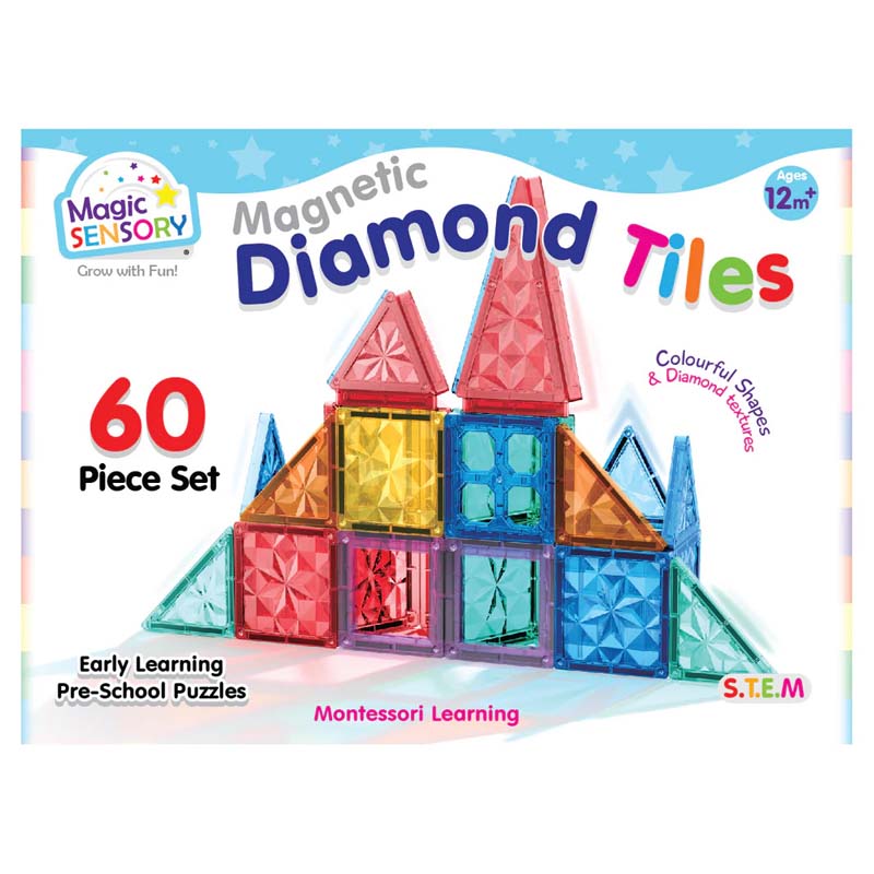 60-piece magnetic diamond tile set in colorful translucent square blocks, boxed STEM toy