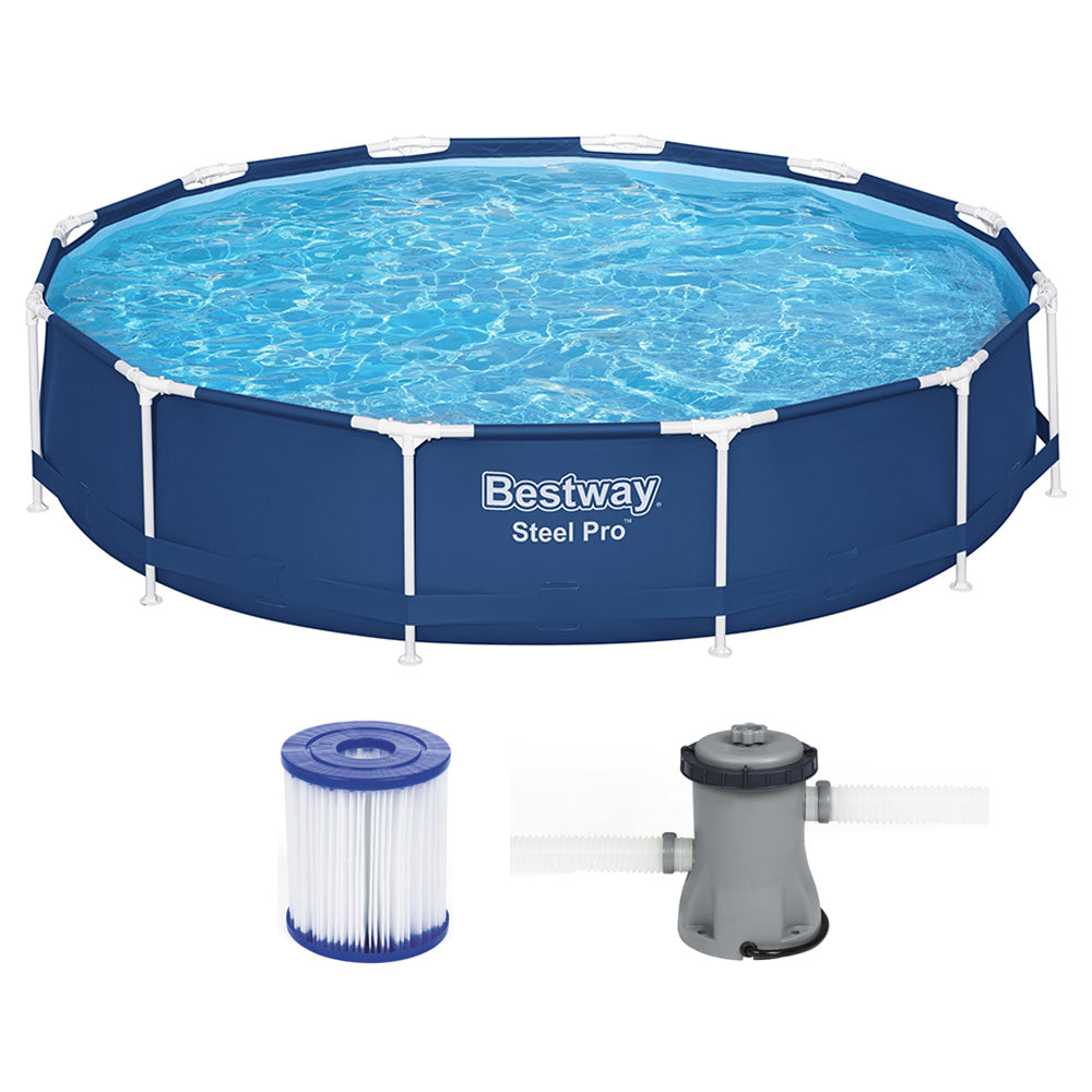 Round above-ground swimming pool with blue liner, steel frame, and filter pump