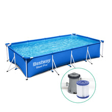 Rectangular above-ground pool with Bestway branding and pool filter system on a white background