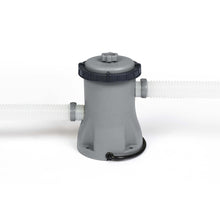 Gray pool pump with white hoses on a white background