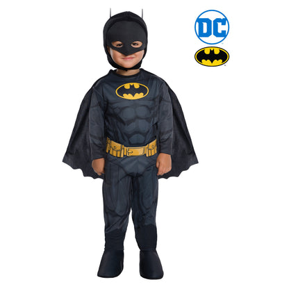 Toddler Batman-style costume with black jumpsuit, yellow bat emblem, cape and face mask
