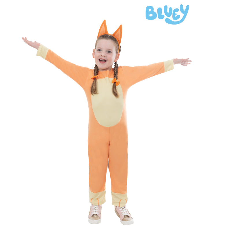 Toddler Bluey costume with orange jumpsuit, cream belly, and character ear hood