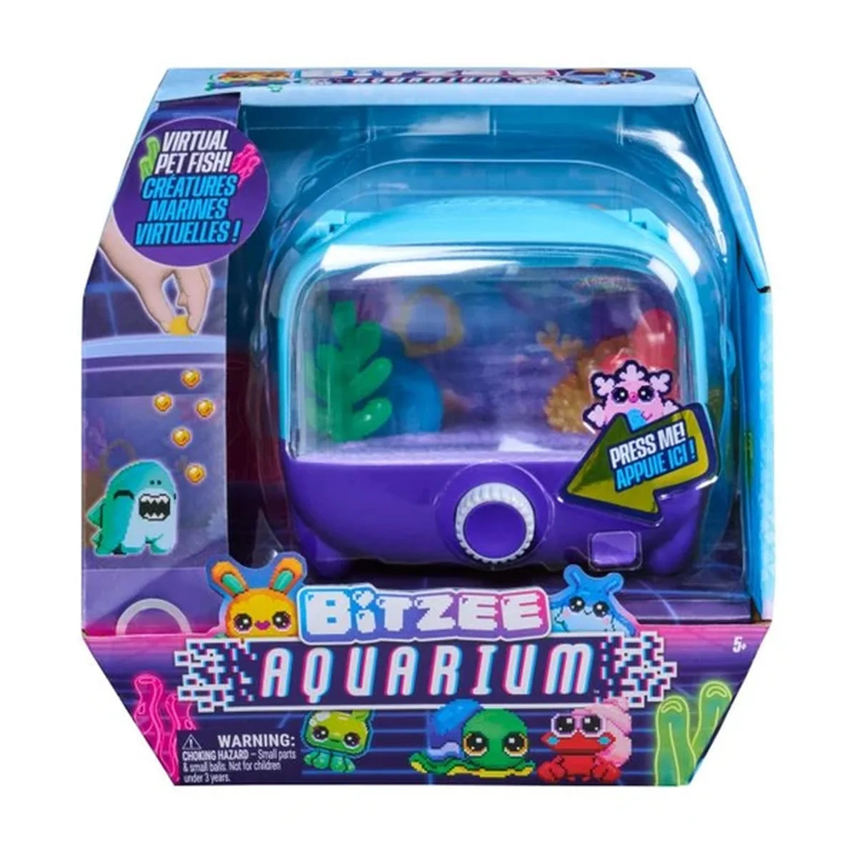 Bitzee Aquarium retail box with purple-blue front display window showing pixel pet figures