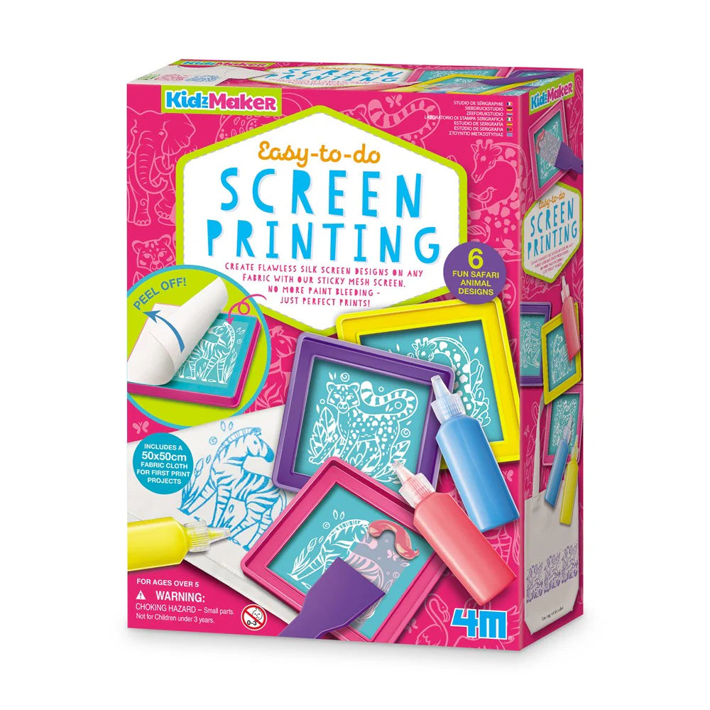 KidMaker easy-to-do screen printing kit box with 6 designs and screen frames