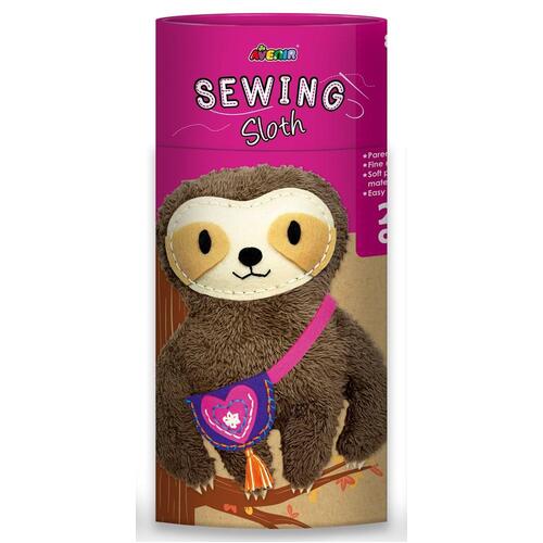 Sewing sloth doll in retail box with fabric sloth face and sewing kit design