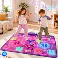 Kids dance play mat with neon arrows and glowing floor icons for two players