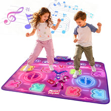 Children dancing on a purple neon dance play mat with arrow icons and two-player layout