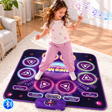 Purple electronic dance mat toy with glowing touch pads and Bluetooth controller