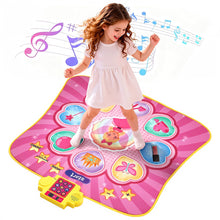 Pink kids dance mat with colorful light pads and yellow controller, full view