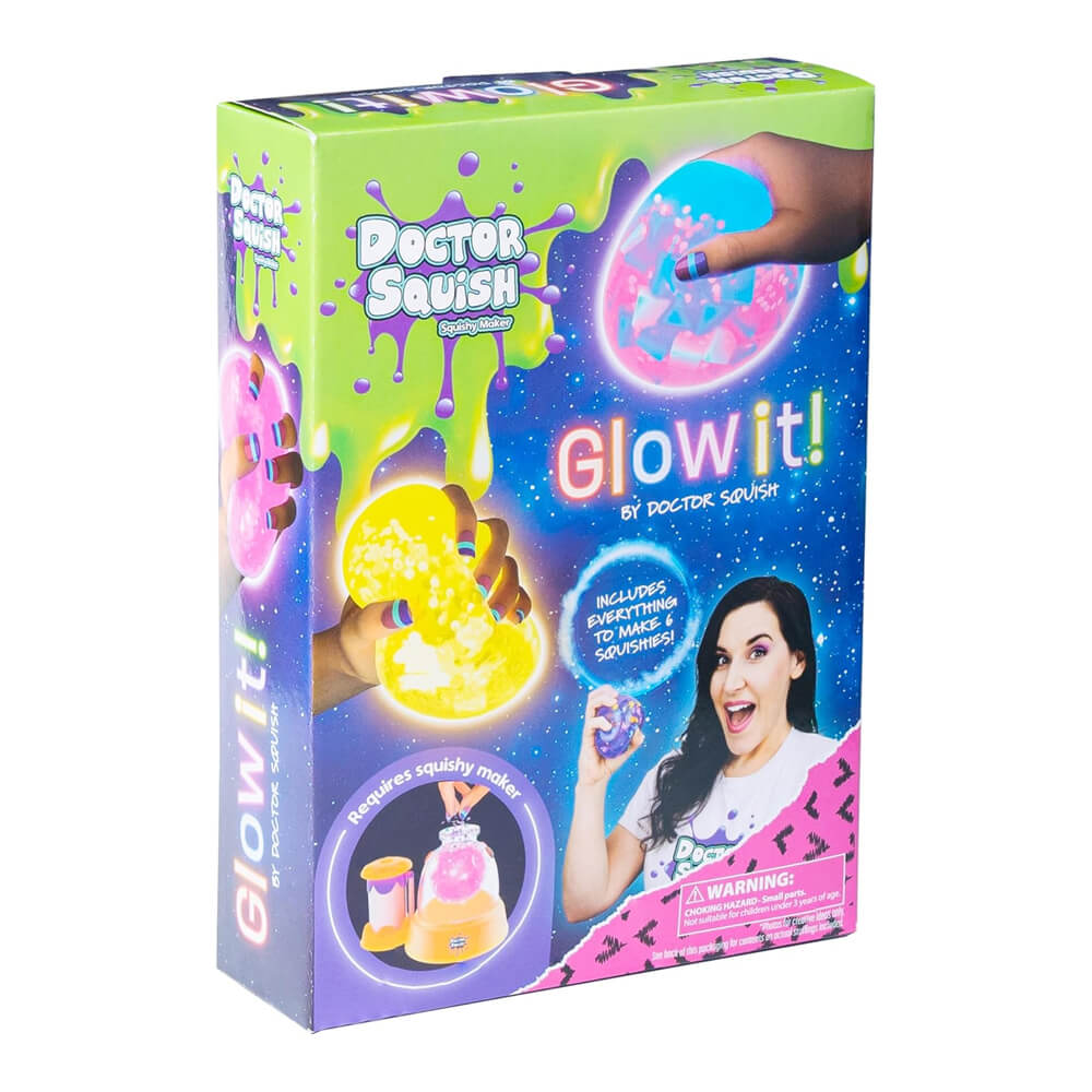 Glow squishy refill pack box with Doctor Squish branding and glowing effect graphics