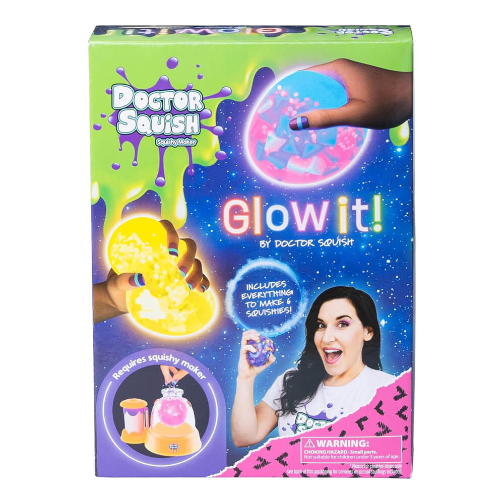 Glow squishy refill pack in Doctor Squish box with colorful splatter graphics