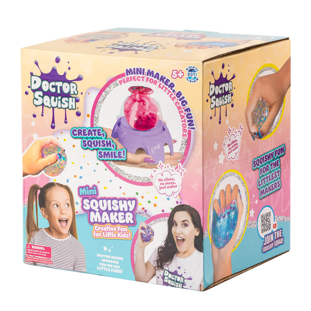 Doctor Squish mini squishy maker box front with create squish smile design.