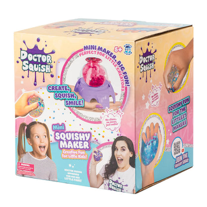 Doctor Squish mini squishy maker box front with create squish smile design.