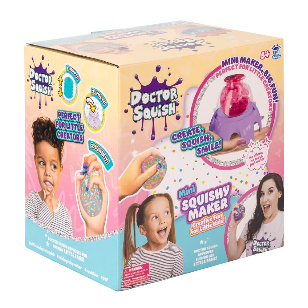 Doctor Squish mini squishy maker box side view with kids and create squish instructions.