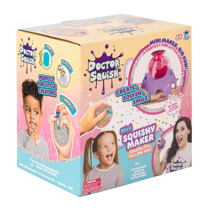 Doctor Squish mini squishy maker box side view with kids and create squish instructions.