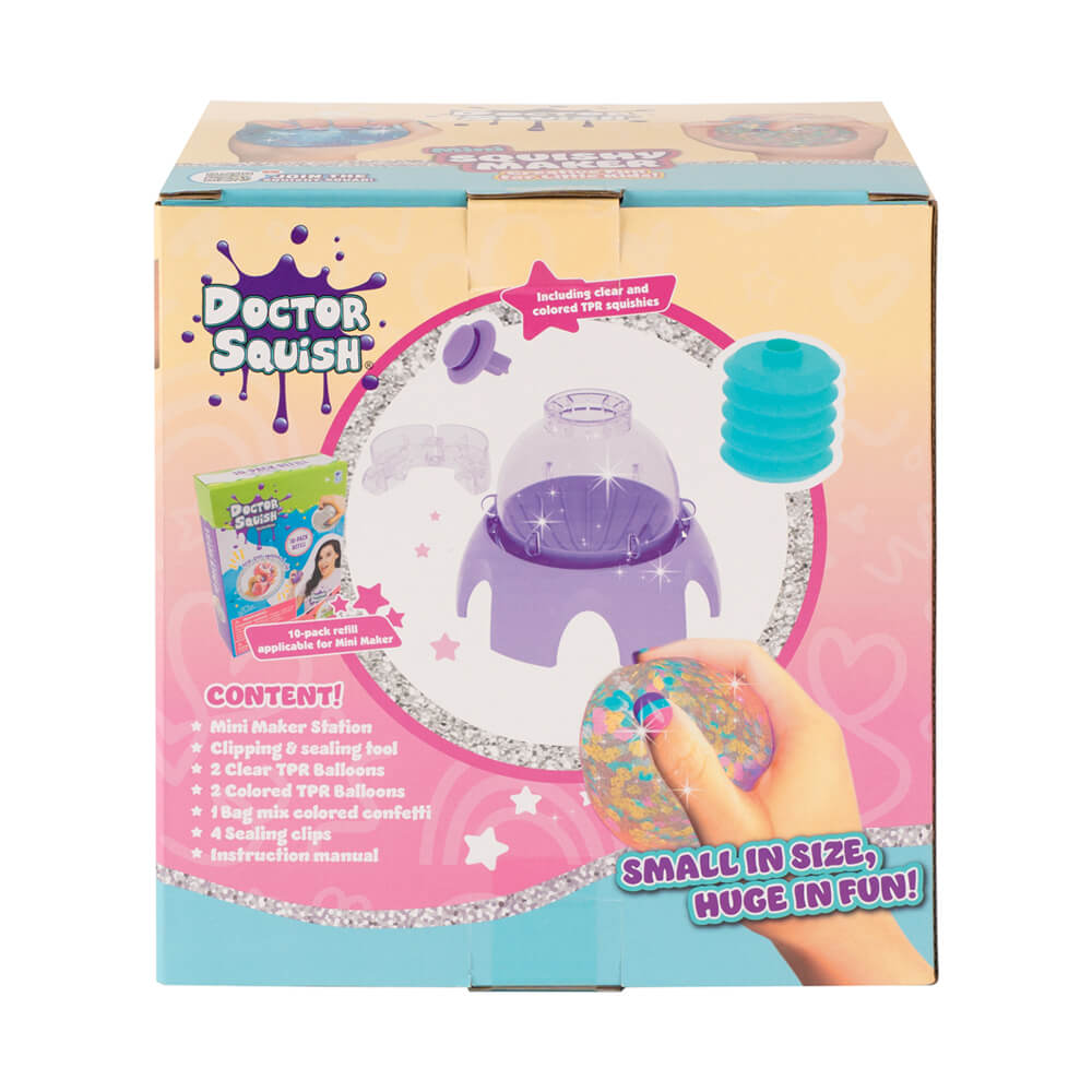 Doctor Squish mini squishy maker box with purple-pink graphics and included accessories.