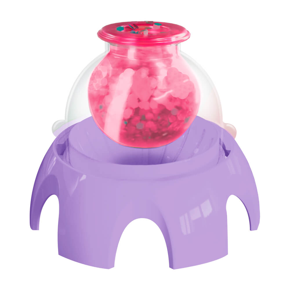 Mini squishy maker with pink glitter gel inside clear bottle on purple base.