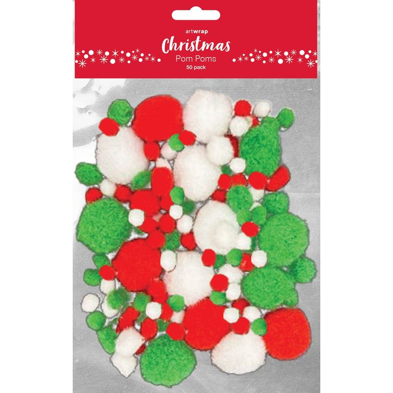 XMAS Pom Poms, Assorted Colours and Sizes, 50pk