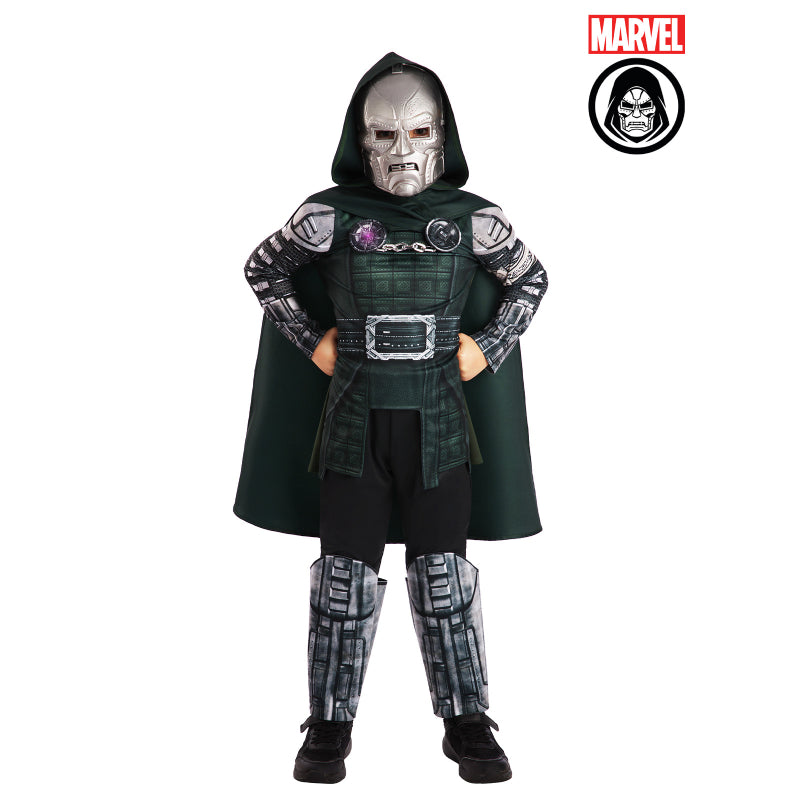 Kids armored hooded Dr Doom costume with face mask and dark green tunic