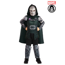 Kids armored hooded Dr Doom costume with face mask and dark green tunic