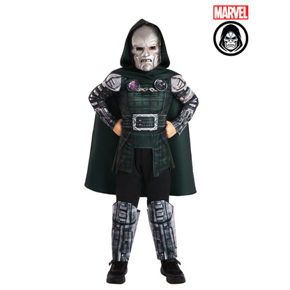 Kids armored hooded Dr Doom costume with face mask and dark green tunic