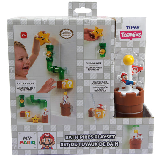 Bath Pipes playset retail box with green pipes and Mario-themed accessories
